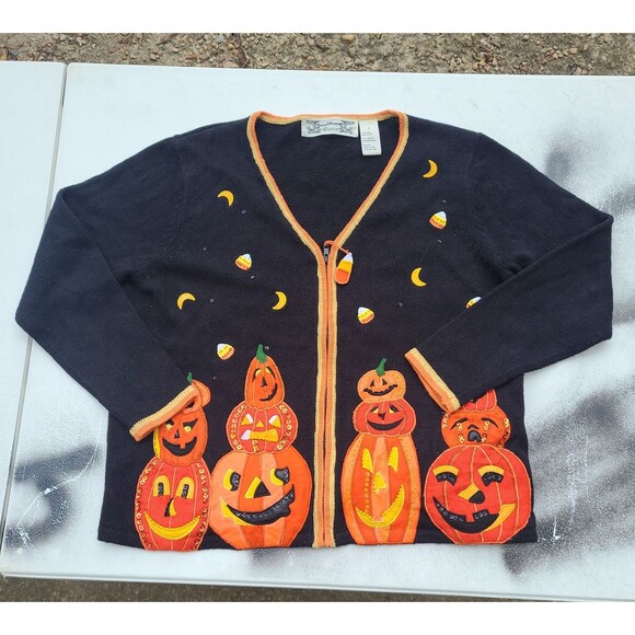 Vintage Halloween Sweater Zip Cardigan Light Up Pumpkins Candy Corn - Picture 1 of 12